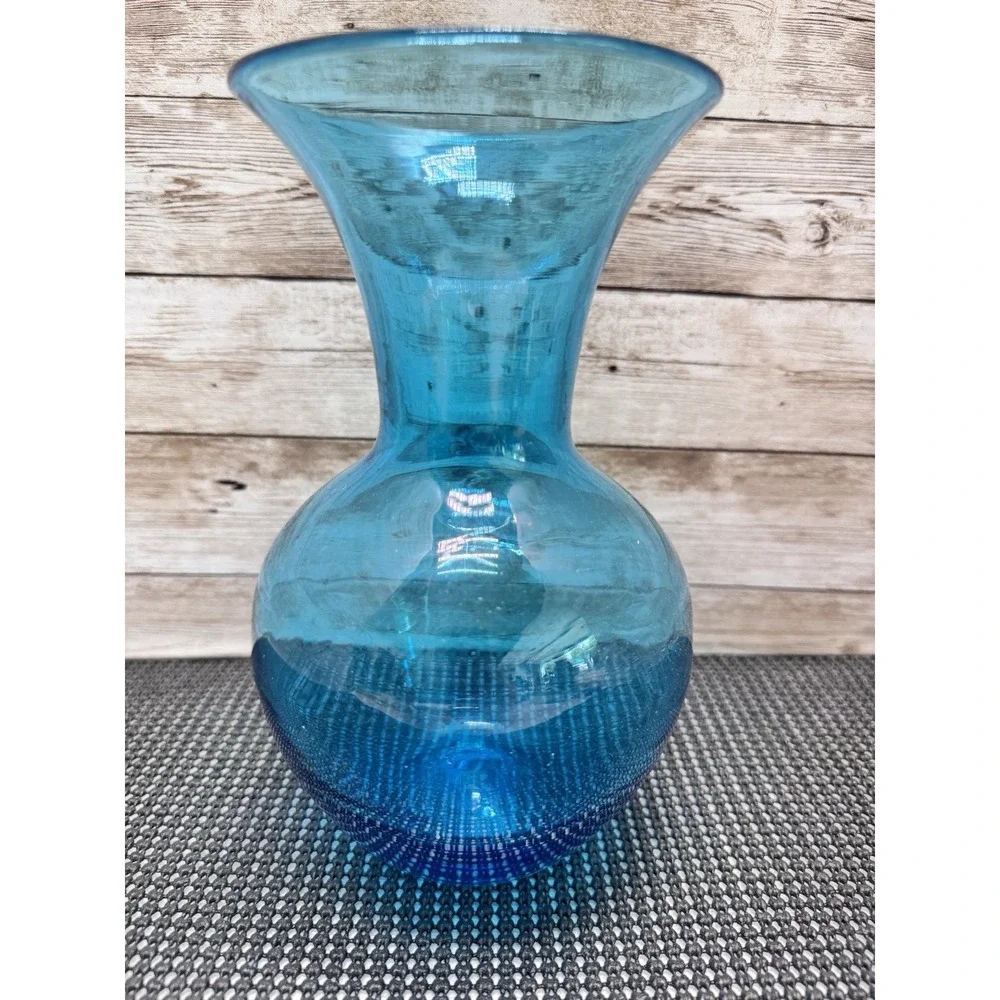 Vintage Blenko Style Blue Dimple Glass Vase Mid Century Hand Blown Pontil 8.25